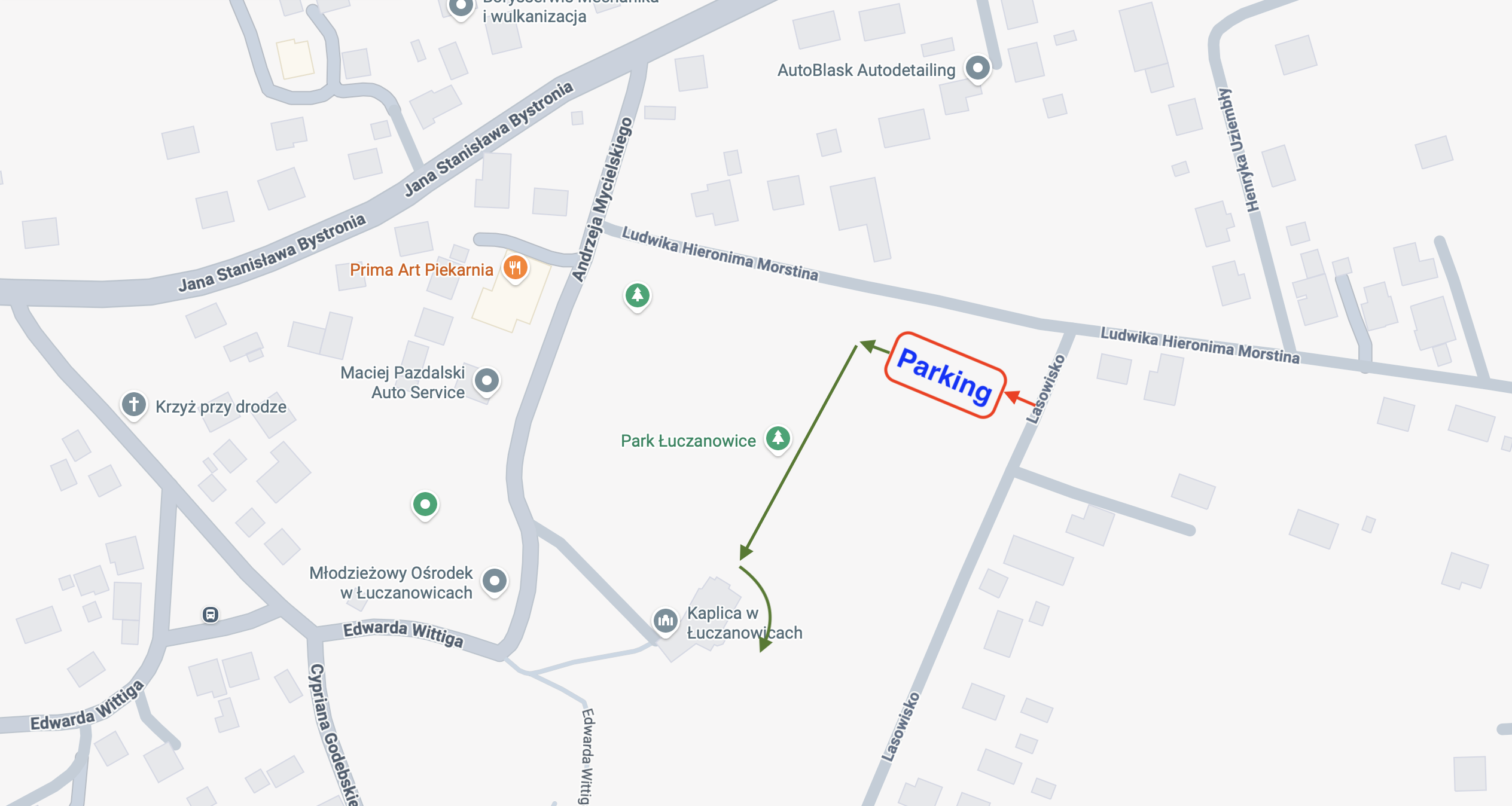 Map showing parking and walking directions to the reception venue in Łuczanowice
